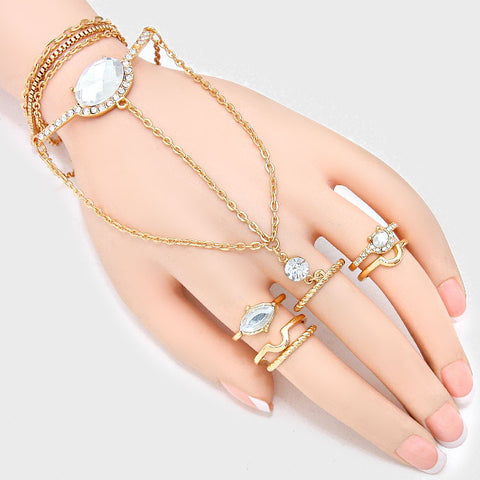 Crystal Accented Metal Hand Chain Bracelet with Rings