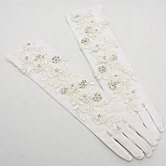 Embroidered Crystal Flower Gauze (Cream) Bridal Gloves