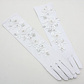Embroidered Crystal Flower Gauze (White)  Bridal Gloves