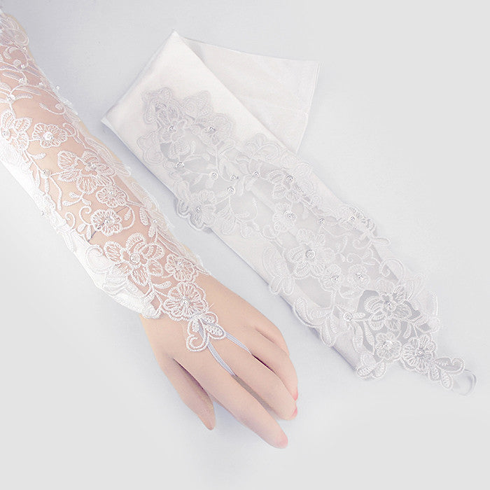 Floral/Lace Satin Pearl Bridal Gloves  w/ rhinestone accents