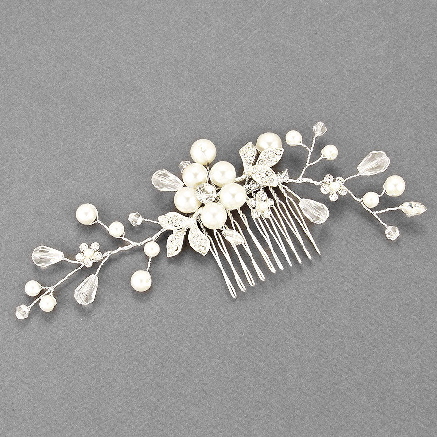 Flower & Leaf, Pearl Flexi-Wire Hair Comb Stick 6" X 2"