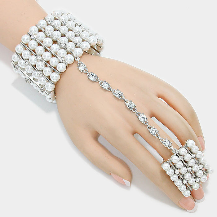 Multi Row Pearl Stretch Evening Hand Chain Bracelet